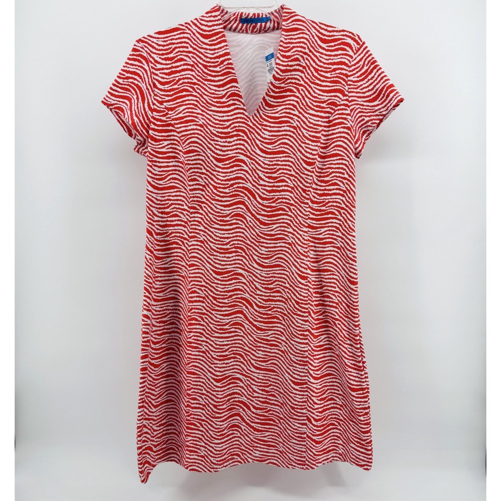 J.McLaughlin Ivana Dress Women XL Coral White Radio Waves Cap Sleeve V-neck NEW